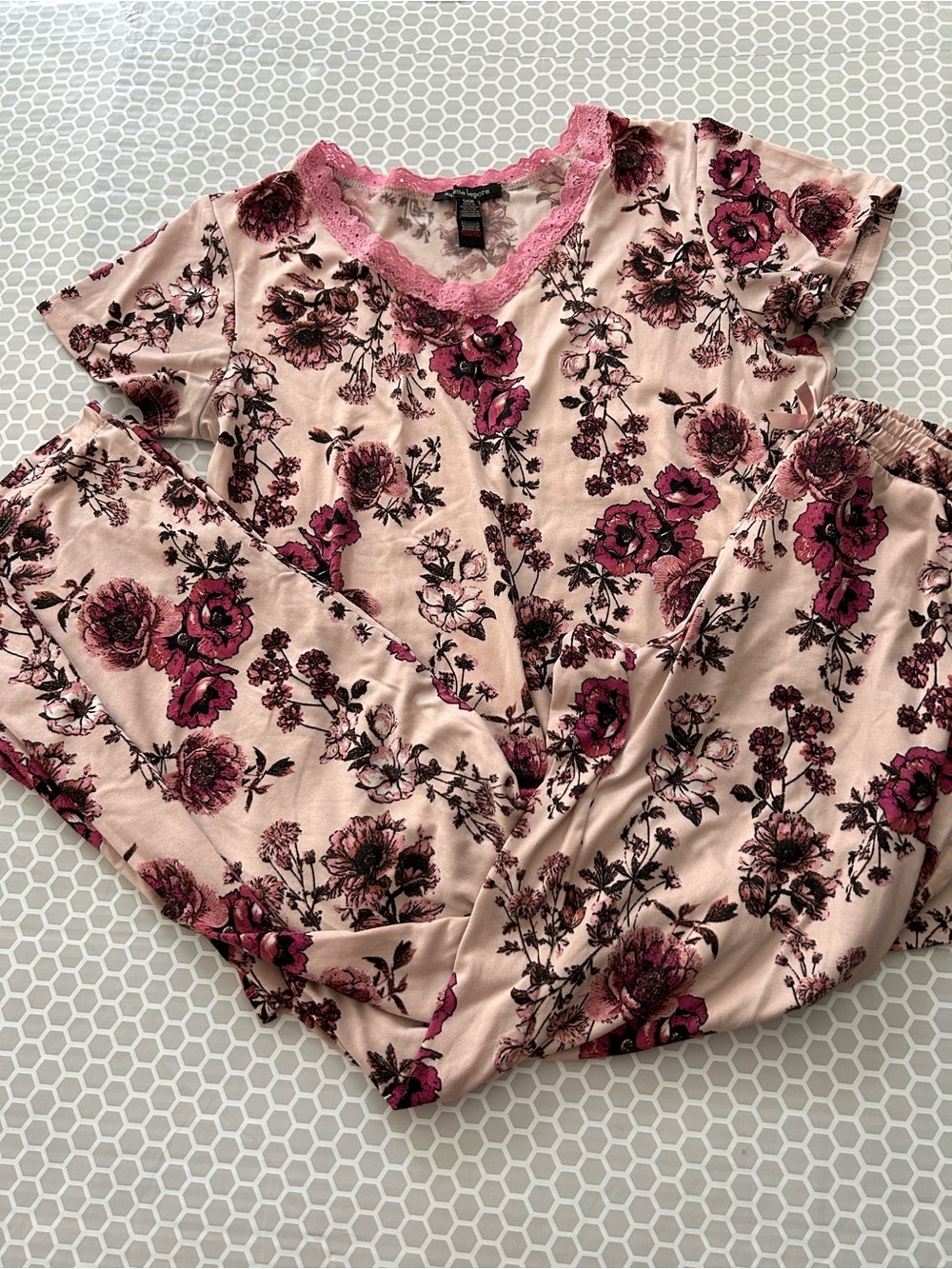 Nanette Lepore Pink Floral Lace-Trim Pajama Loungewear Set. Size S
